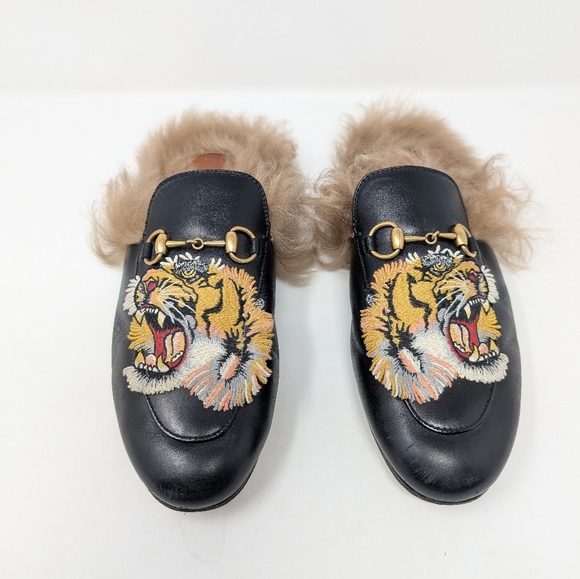 Gucci Princetown Tiger Black Leather Size 37 Horse Bit Mules Loafers - Picture 3 of 10